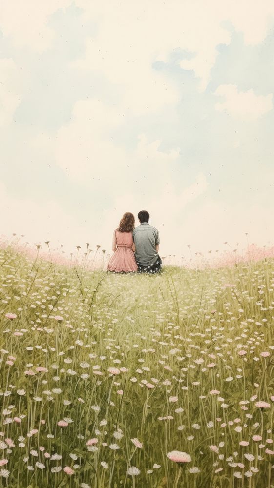 Couple love sitting in the meadow grassland landscape outdoors.