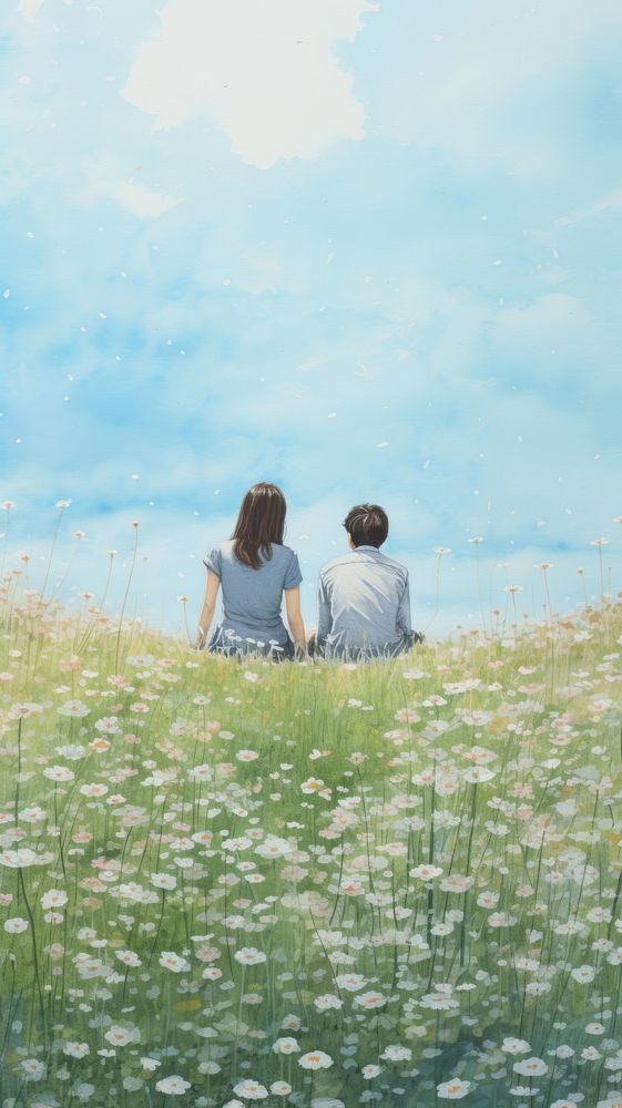 Couple love sitting in the meadow grassland landscape outdoors.