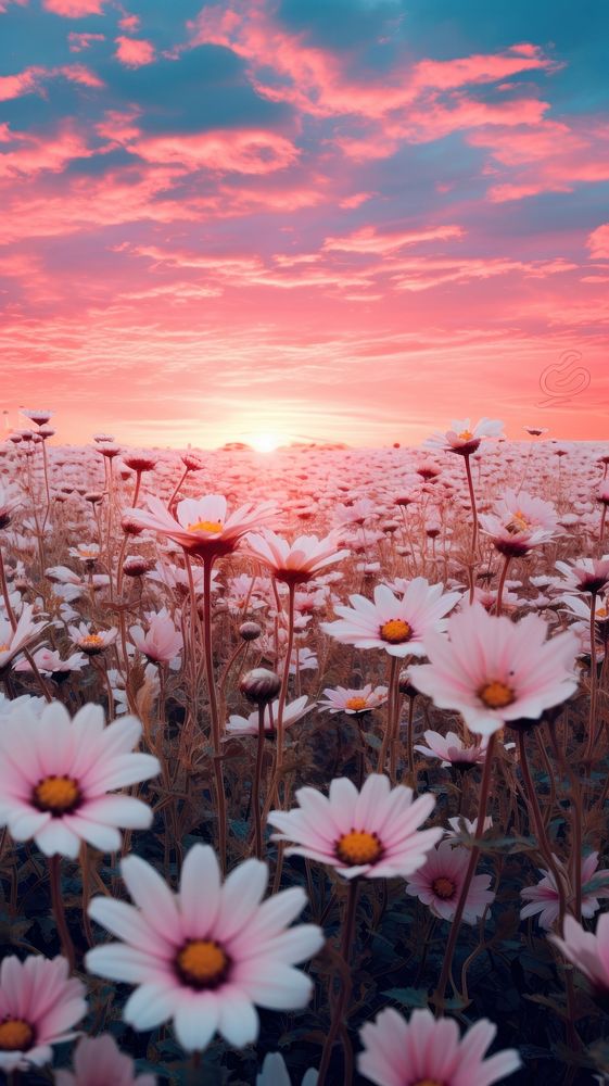 Landscape field of flowers sunset outdoors blossom.
