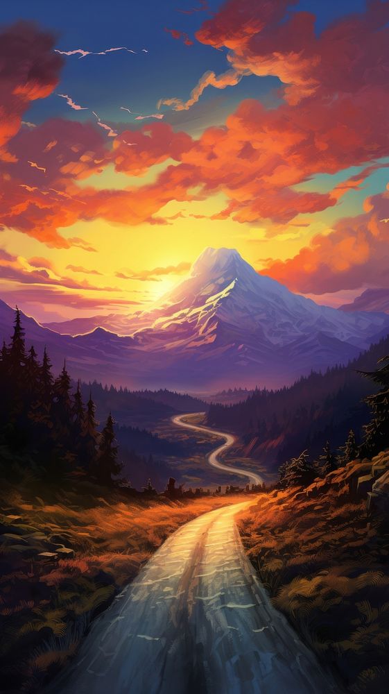 Road leading to mountain scenery sunset landscape outdoors.