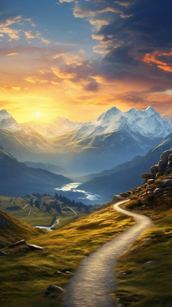 Road leading to mountain scenery landscape sunlight outdoors.