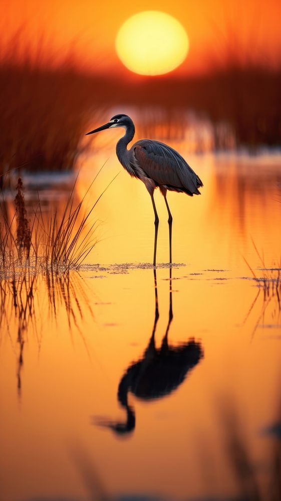 Stilt bird foraging at sunset outdoors wetland animal.