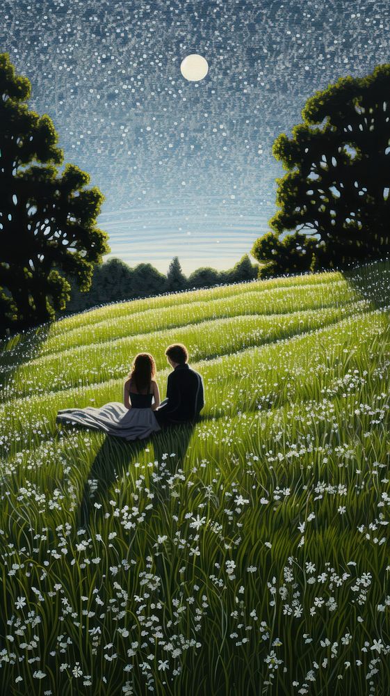 Couple love sitting in the meadow landscape outdoors nature.