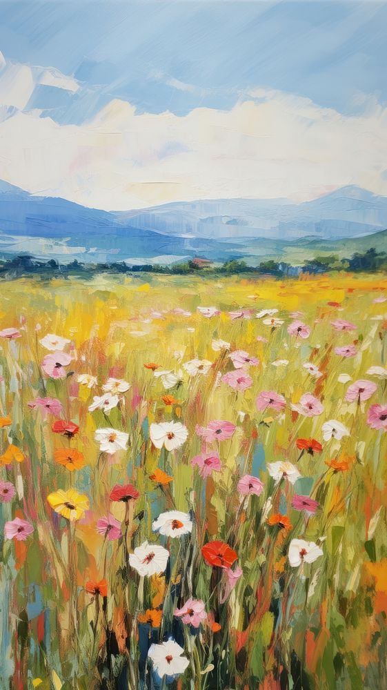 Field of wildflower painting grassland landscape.