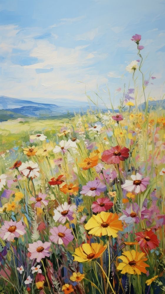 Field of wildflower painting landscape grassland.