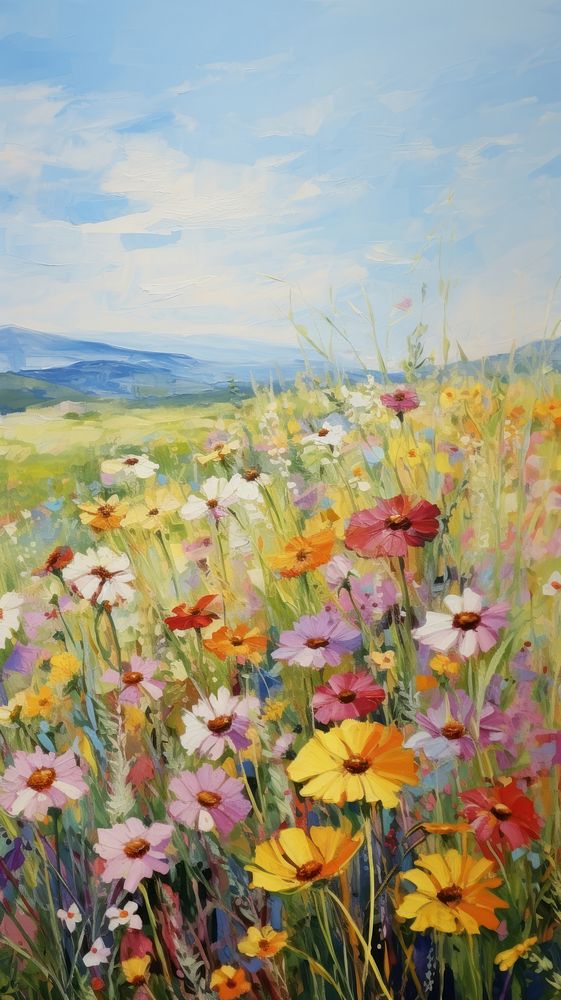 Field of wildflower painting landscape grassland.