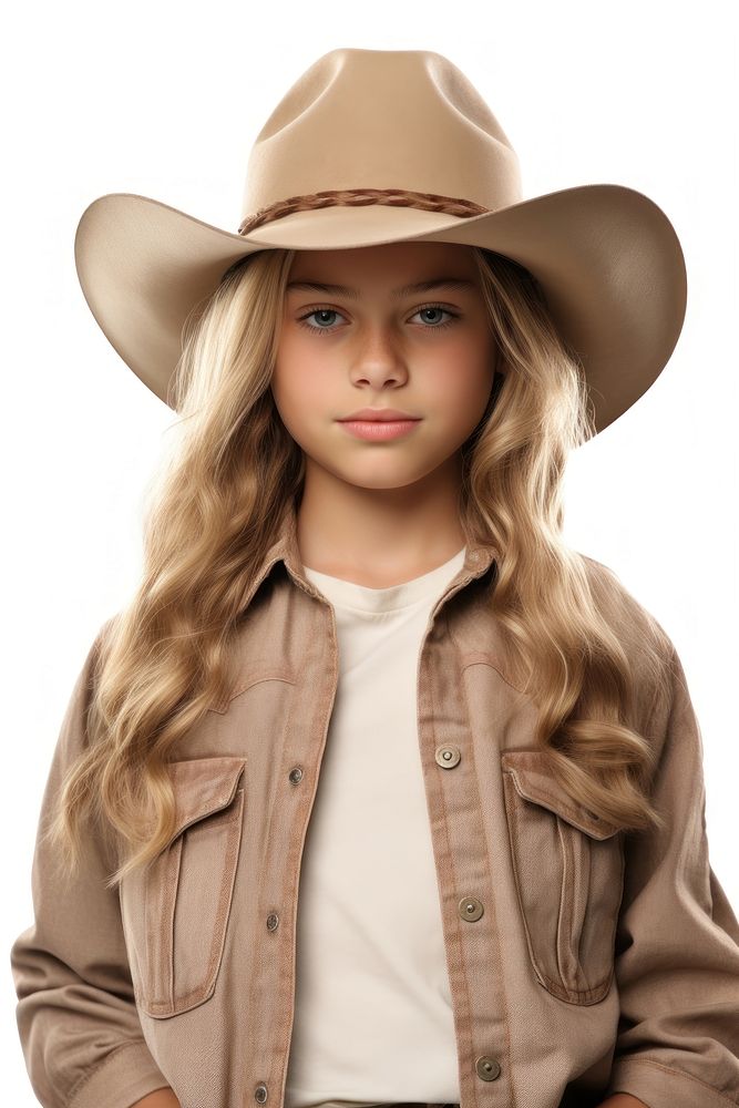 American girl cowboy adult hat white background.