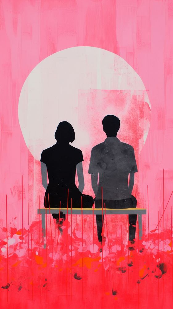 Couple love sitting in the meadow art silhouette painting.