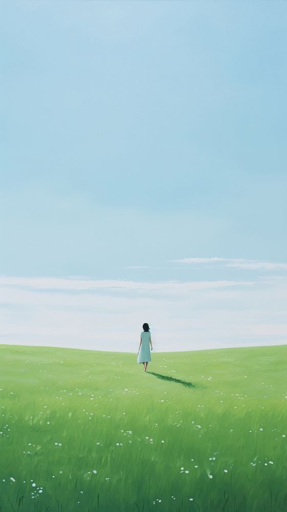 Girl walking nature field landscape.