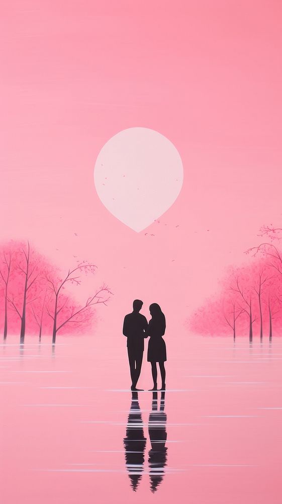 Love couple hugging together outdoors nature pink.