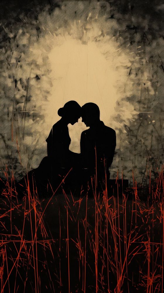 Couple love sitting in the meadow nature silhouette outdoors.