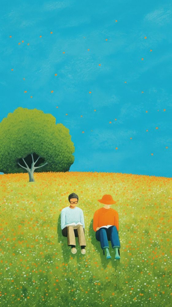 Couple love sitting in the meadow grassland outdoors painting.