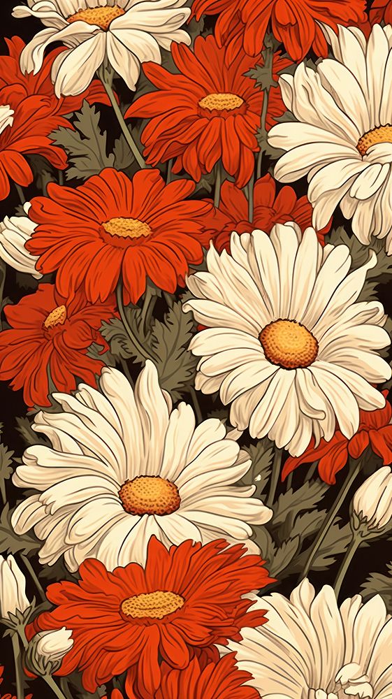 Wood block print illustration of daisy flower petal plant.