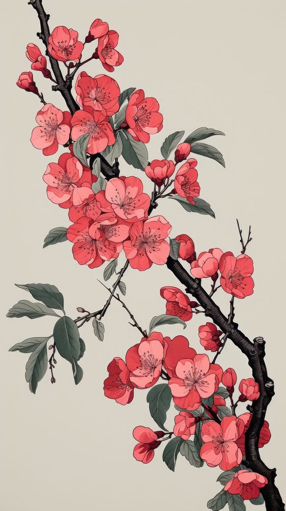Wood block print illustration of Cherry blossom flower plant art red.
