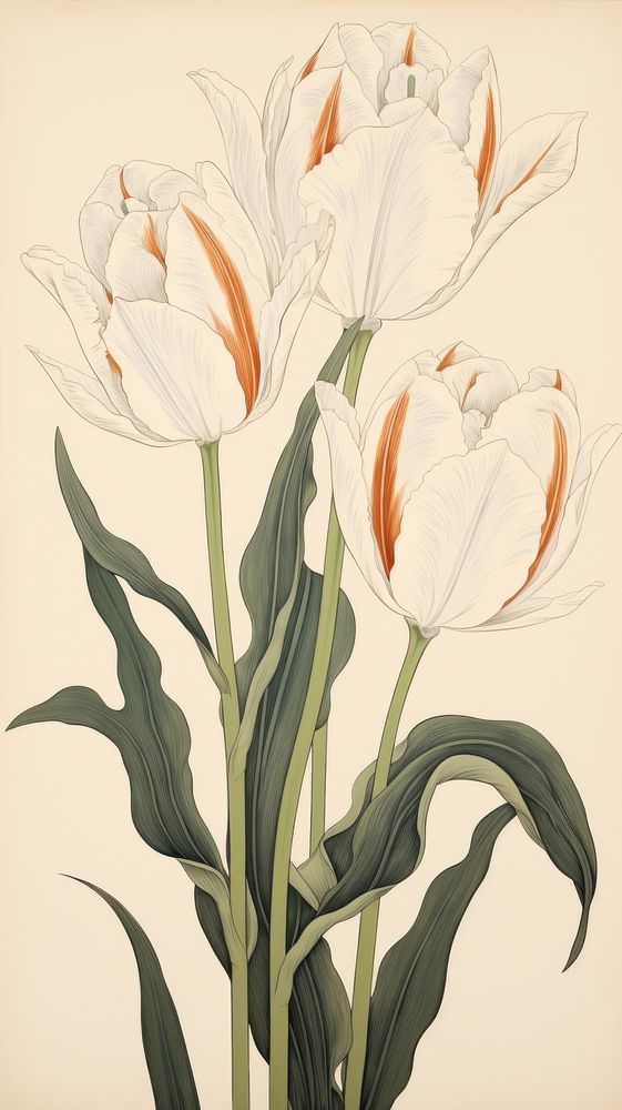 Wood block print illustration of white tulip painting flower plant.