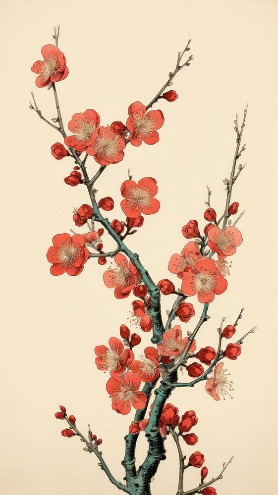 Wood block print illustration of Cherry blossom flower plant art red.