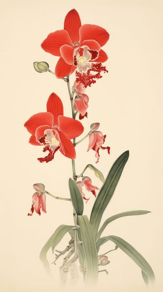 Wood block print illustration of orchid flower plant petal.