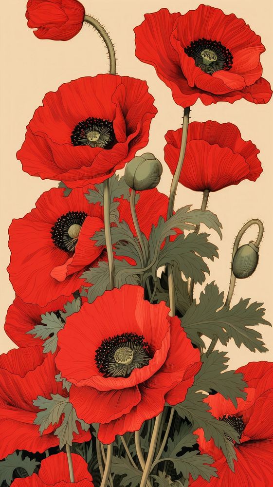 Wood block print illustration of poppy flower plant red.