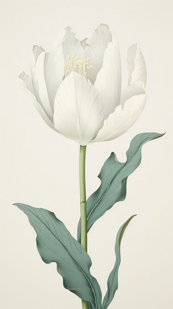 Wood block print illustration of white tulip blossom flower petal.