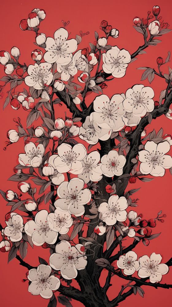 Wood block print illustration of Cherry blossom flower pattern plant art.