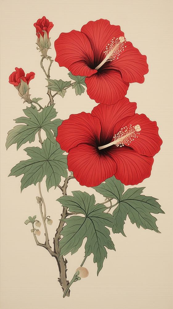 Wood block print illustration of red hibiscus flowers plant inflorescence fragility.