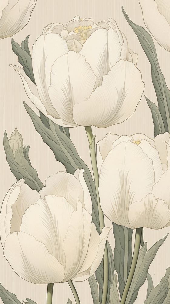 Wood block print illustration of white tulip flower sketch plant.
