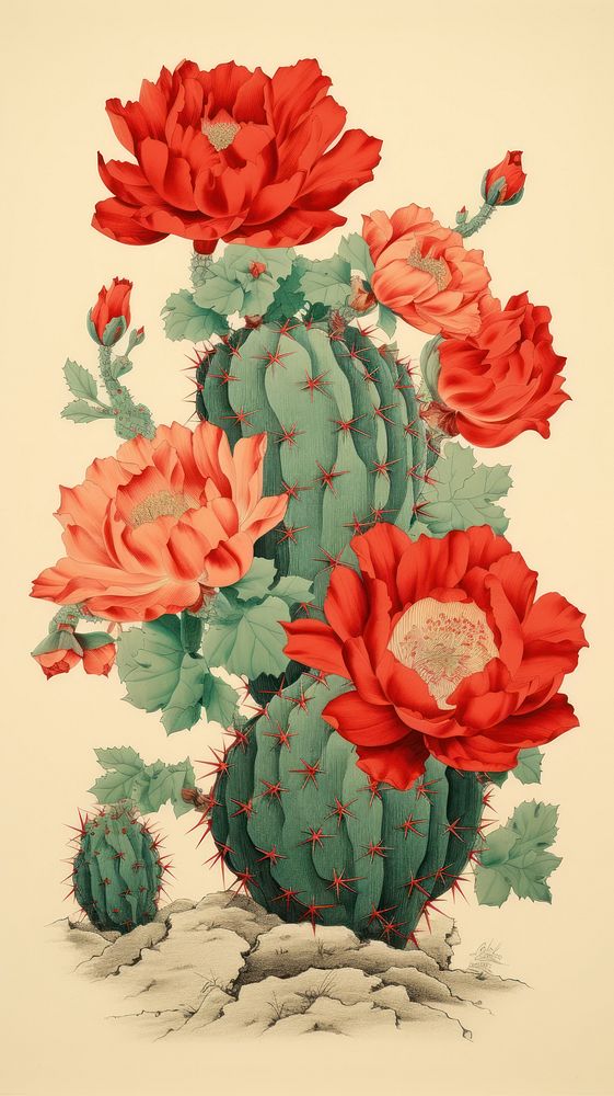 Wood block print illustration of cactus flower plant rose.