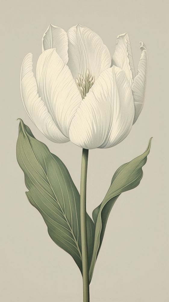 Wood block print illustration of white tulip flower petal plant.
