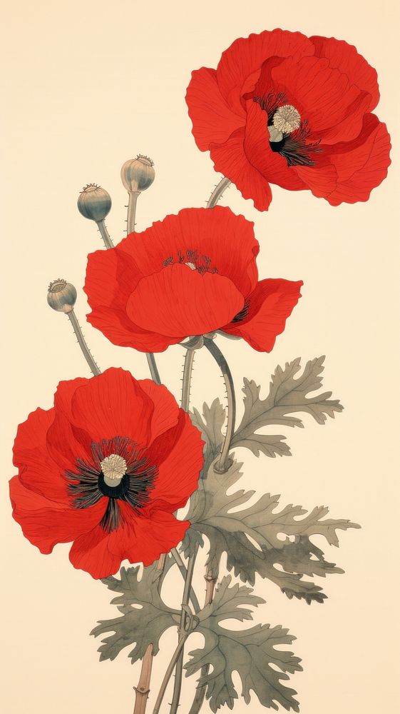 Wood block print illustration of poppy flower plant red.