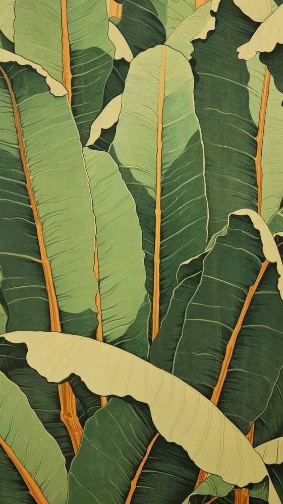 Wood block print illustration of Banana leaf outdoors nature plant.