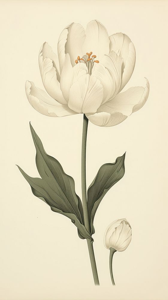 Wood block print illustration of white tulip drawing flower sketch.