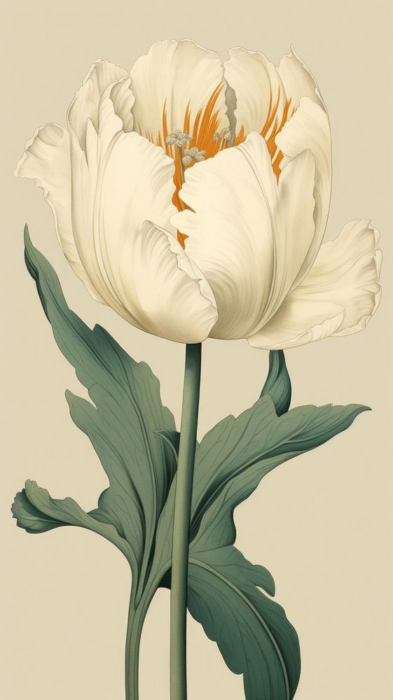 Wood block print illustration of white tulip blossom flower plant.