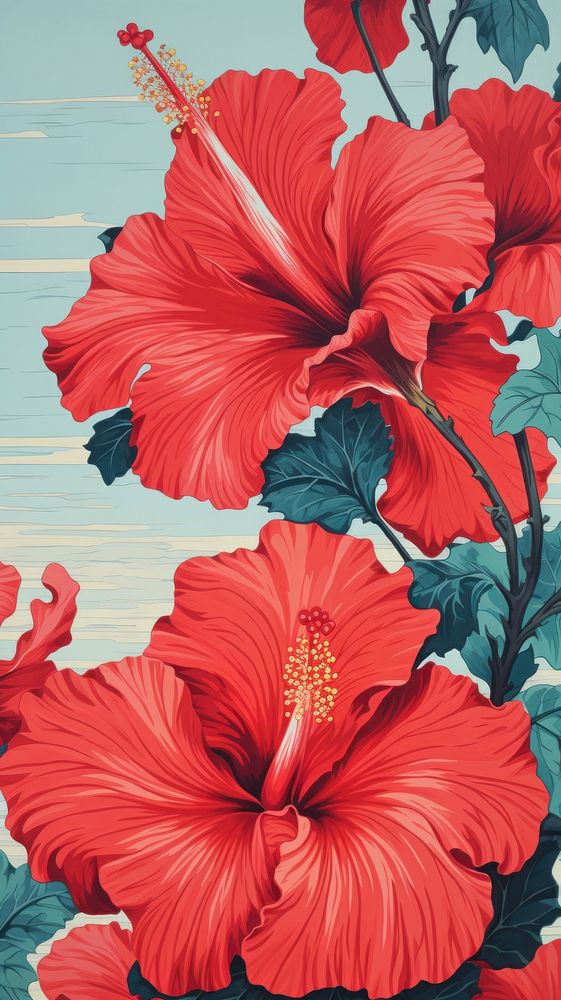 Wood block print illustration of red hibiscus flowers plant inflorescence backgrounds.