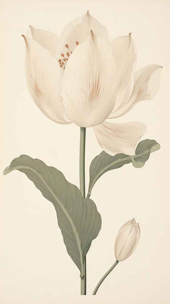 Wood block print illustration of white tulip blossom flower petal.