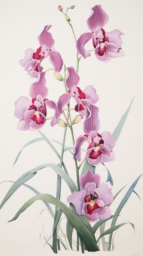 Wood block print illustration of orchid flower petal plant.