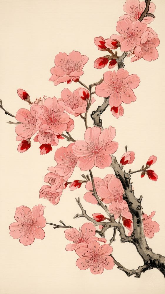 Wood block print illustration of Cherry blossom flower cherry plant red.