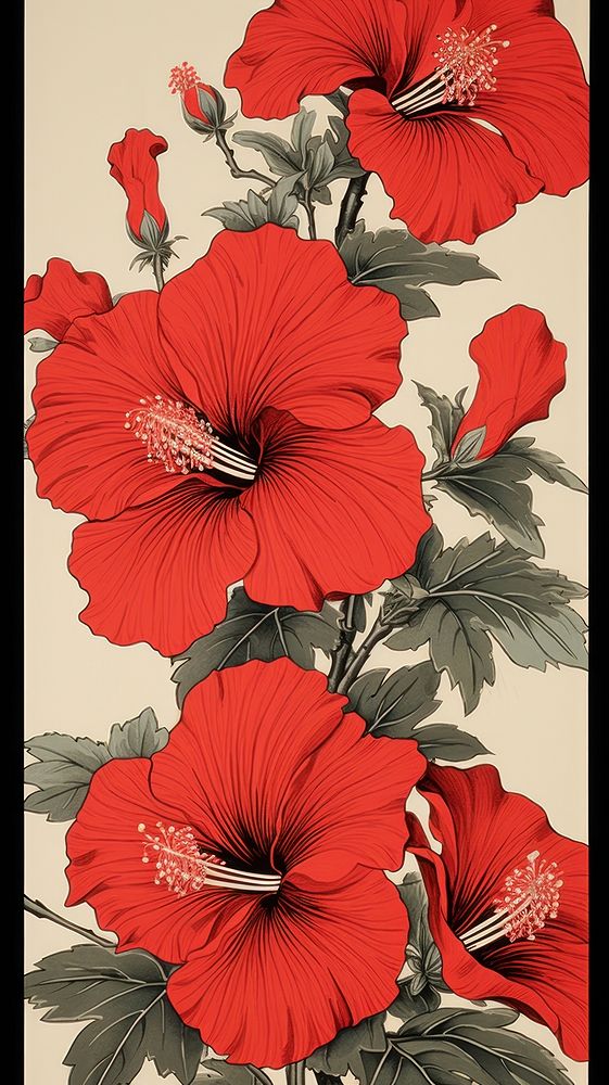 Wood block print illustration of red hibiscus flowers plant inflorescence freshness.