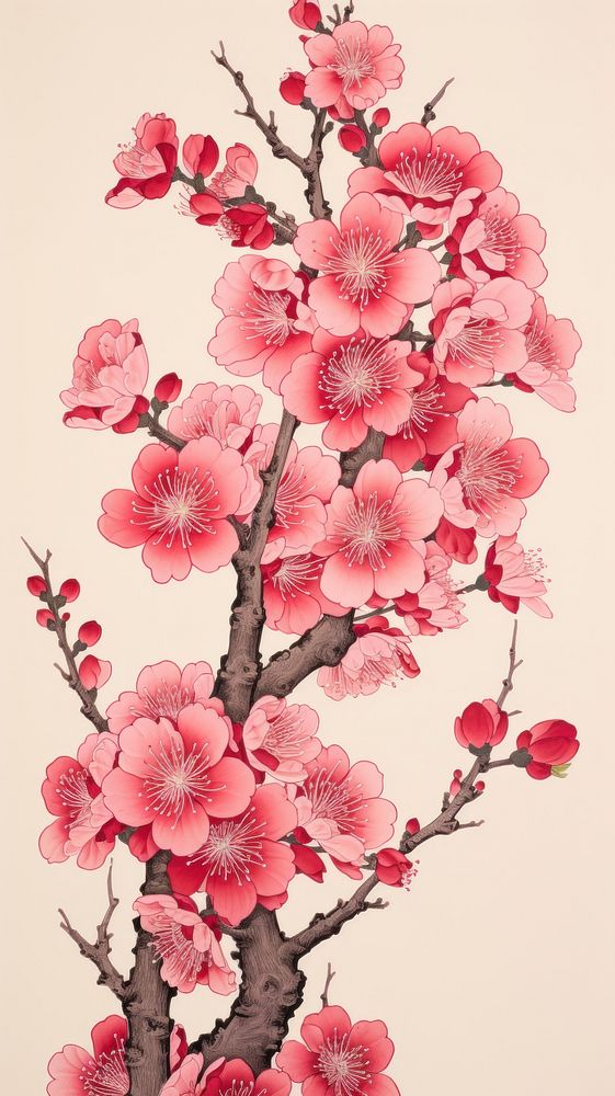 Wood block print illustration of Cherry blossom flower cherry plant petal.
