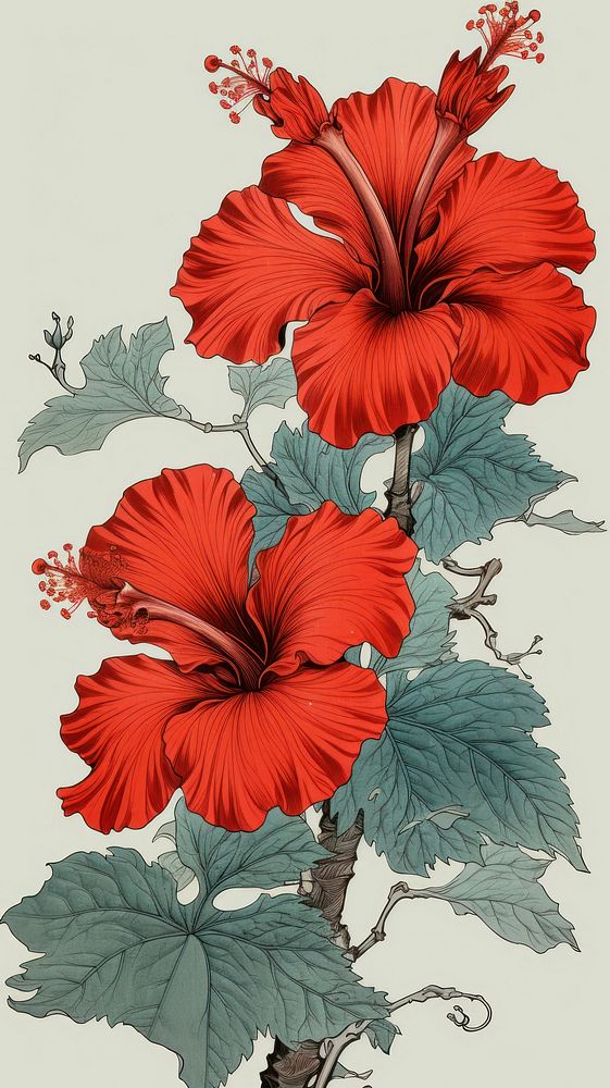 Wood block print illustration of red hibiscus flowers plant inflorescence freshness.