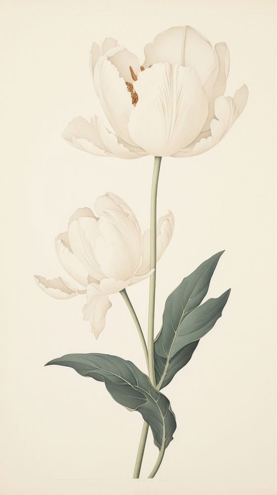 Wood block print illustration of white tulip flower plant petal.