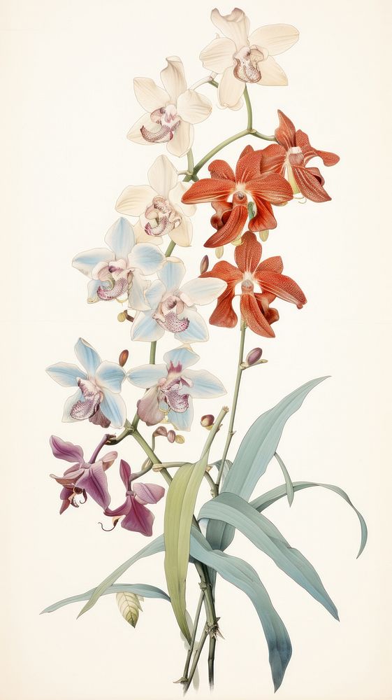 Wood block print illustration of orchid flower plant gladiolus.