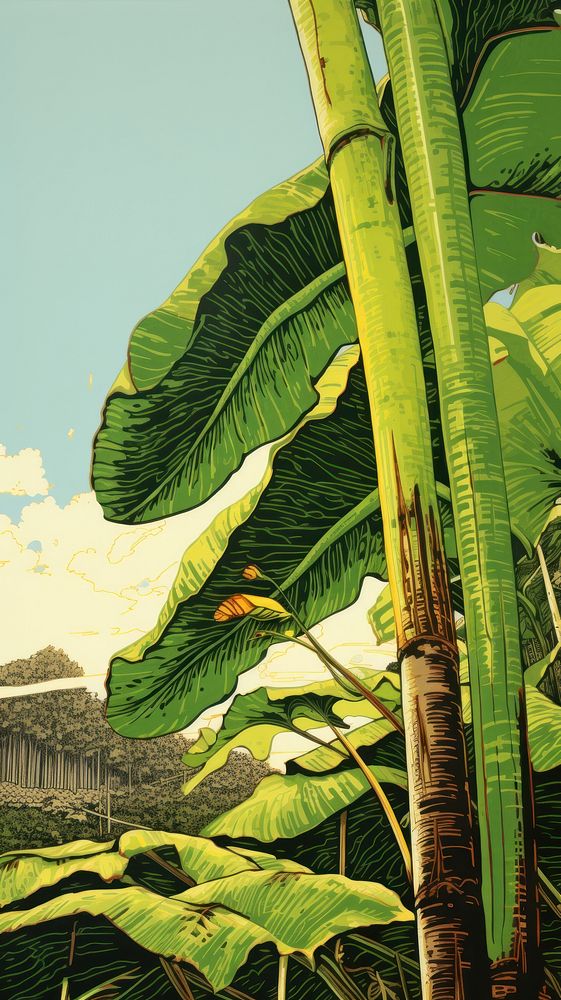 Wood block print illustration of Banana leaf outdoors nature plant.