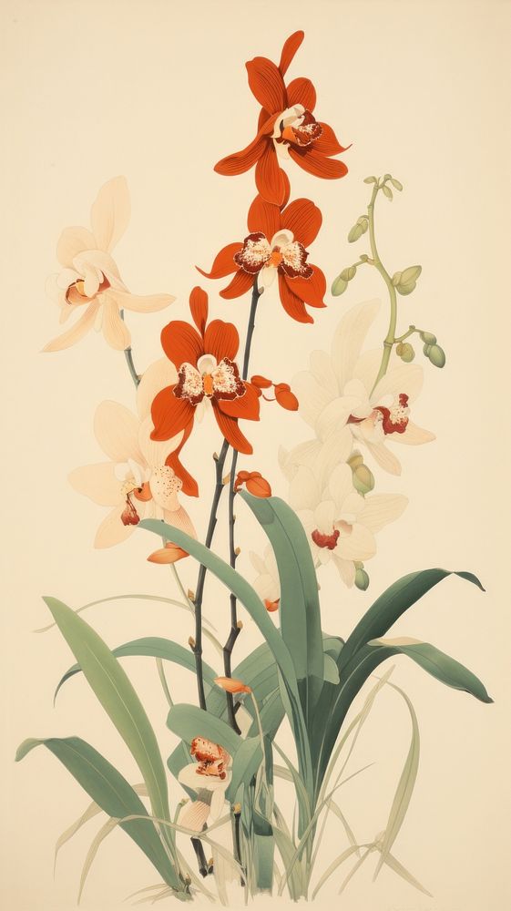 Wood block print illustration of orchid flower plant art.