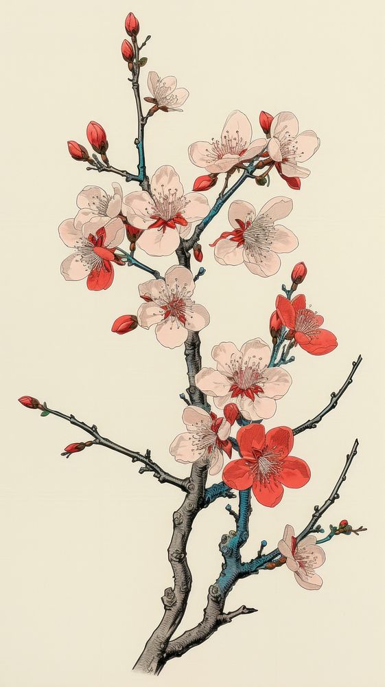 Wood block print illustration of Cherry blossom flower cherry plant red.