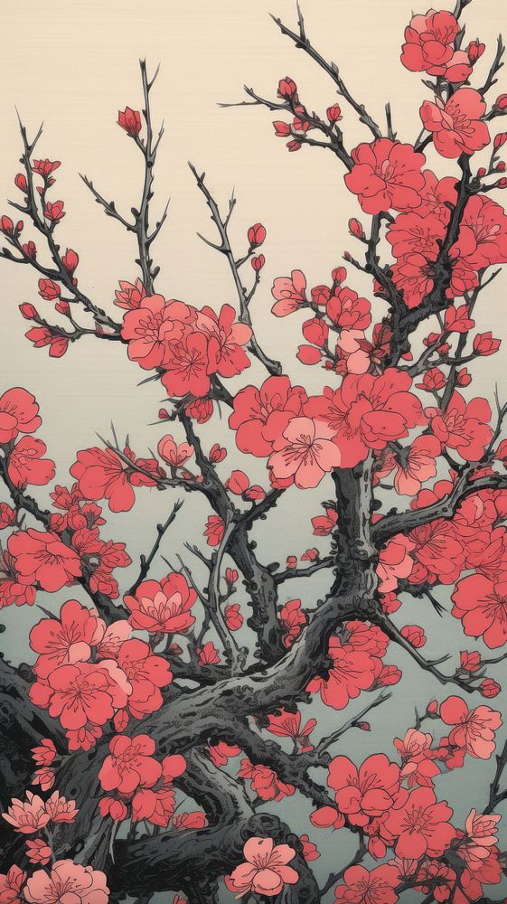Wood block print illustration of Cherry blossom flower painting pattern plant.