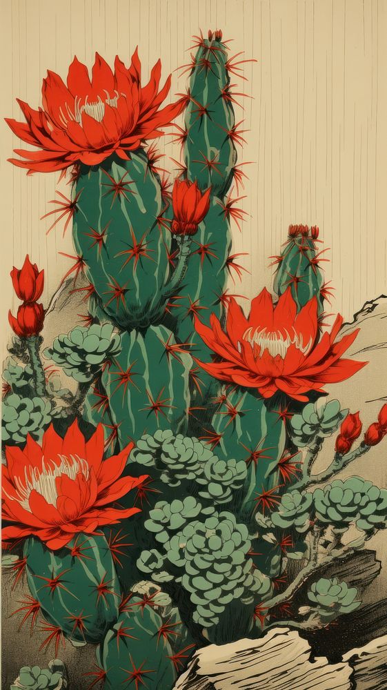 Wood block print illustration of cactus plant red creativity.