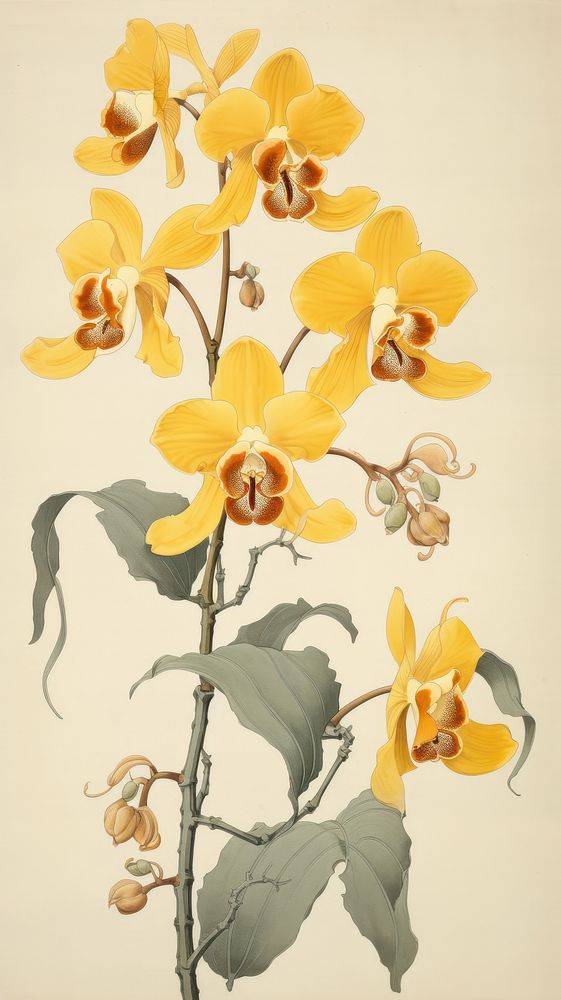 Wood block print illustration of orchid flower plant petal.