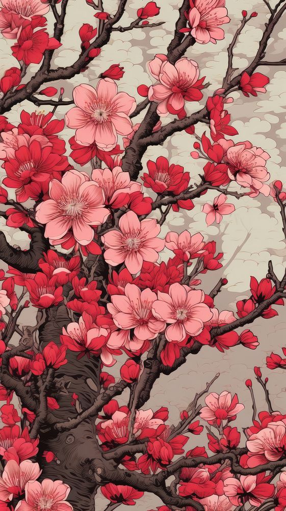 Wood block print illustration of Cherry blossom flower pattern cherry plant.