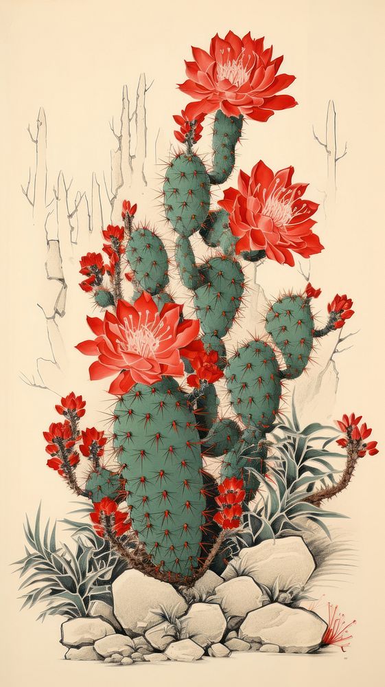Wood block print illustration of cactus flower plant red.
