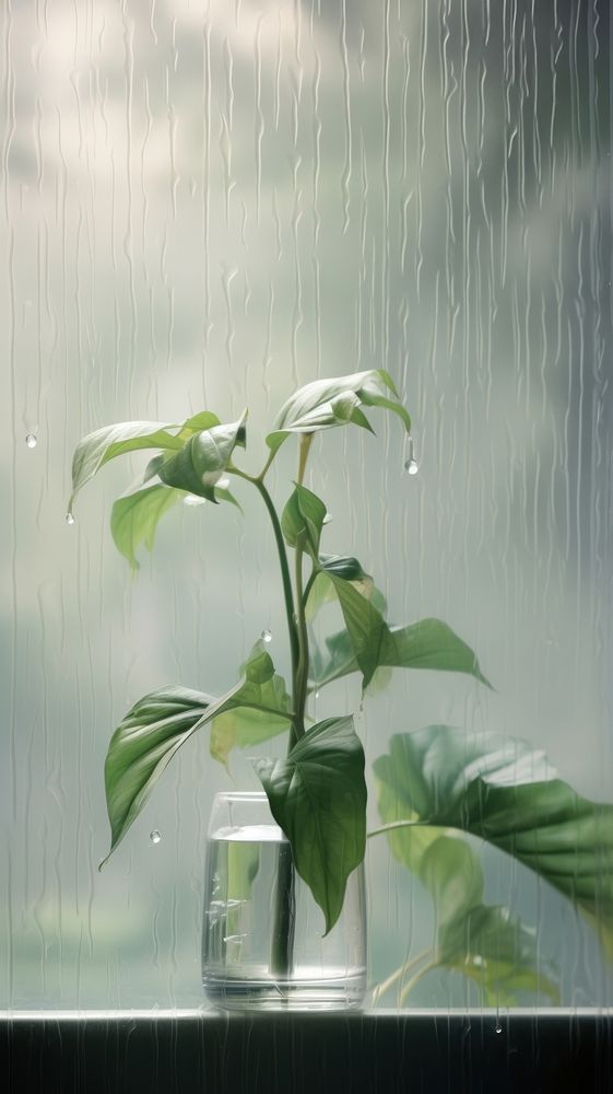 A rain scene with plant flower glass leaf.